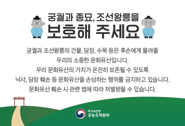 궁궐과 종묘,조선왕릉을 보호해 주세요.
궁궐과 조선왕릉의 건물, 담장, 수목 등은 후손에게 물려줄 우리의 소중한 문화유산입니다.
우리 문화유산의 가치가 온전히 보존될 수 있도록 낙서, 담장 훼손 등 문화유산을 손상하는 행위를 금지하고 있습니다.
문화유산 훼손 시 관련 법에 따라 처벌받을 수 있습니다.
국가유산청 궁능유적본부